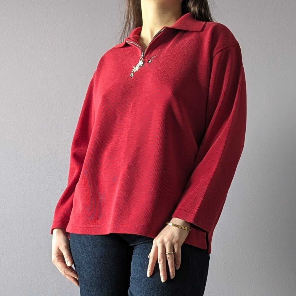 Vintage Red Birkhahn Long-sleeved top with floral embroidery, Size L